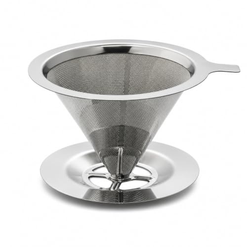 Image of Stainless Steel Pour Over Coffee Filter | Reusable Paperless Fine Mesh Coffee Dripper with Wide Rim & Handle | 4 Inch Stable Base | Manual Coffee Maker for Home, Office & Travel