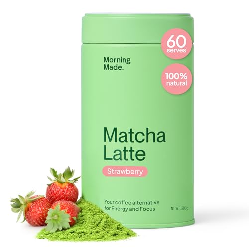 Morning Made Strawberry Flavoured Ceremonial Grade Matcha Powder | 300g Resealable Tin | 60 Servings | Made With Premium Organic Japanese Green Tea Leaves | Sweetened with Unrefined Cane Sugar | Rich in Antioxidants & Energy Boosting