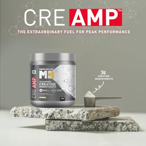 Image of MuscleBlaze Micronised Creatine Monohydrate CreAMP Powder, Unflavoured (129 servings, 400g) | Trustified Certified Creatine