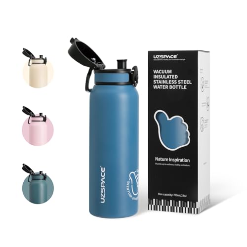 UZSPACE Stainless Steel Water Bottle Kids 700ml with Handle - Double-Walled Insulated Water Bottles That Keep Drinks Cold & Hot - Leakproof Metal Bottle for School or Works & Sports Ocean Blue
