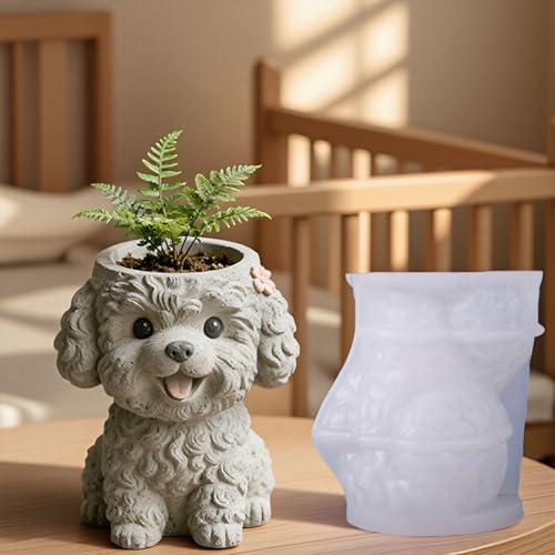 Image of SNOOGG Curly Poodle Puppy Silicone Mold for Resin Casting | Fluffy Dog Planter & Key Holder 3D Mold for Eco Resin, Epoxy, Concrete Crafts | Heavy Duty Reusable Silicone Mould for Home Decor