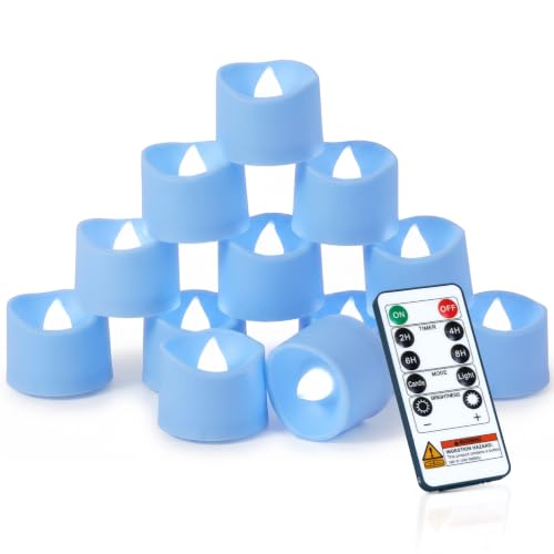 Image of Homemory 12-Pack Light Blue Remote LED Battery Tea Light Candles, 400+ Hrs | 2 /4 /6 /8H Timer Flameless Flickering Tealight Votives for Baby Showers, Gender Reveals, Winter Wonderland and Beach Weddings