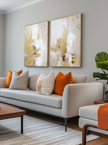 Image of 2 Piece Gold and Neutral Abstract Wall Art - Modern Textured Canvas Prints with Hand-Applied Brush Strokes, Framed Artwork for Living Room, Bedroom, or Office, 20 x 28 Inches