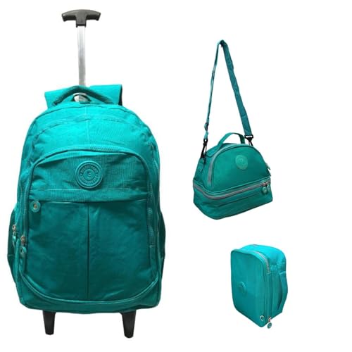 Kit Escolar Completo - Mochila de Rodinhas, Lancheira Térmica e Estojo Espaçoso Juvenil (Verde Claro)
