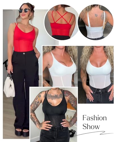 Popilush Women Mesh Shapewear Bodysuit Tummy Control Going Out Corset Tops Double Spaghetti Strap Body Suits2