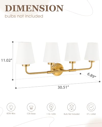Image of 4-Light Gold Bathroom Light Fixtures with White Fabric Shades | 30 inch brushed gold bathroom vanity light, E26 sockets, ideal for 42-60 inch mirrors and master bathrooms, AD-25052-4W-GD