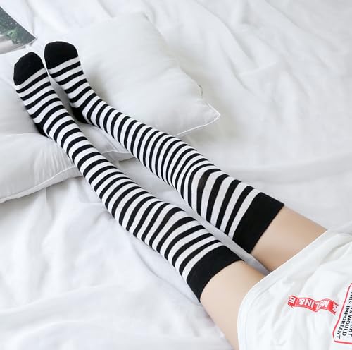 Image of Bestjybt Women Thigh High Socks Cotton Warm Striped Over Knee High Socks | Well-made, Not Sheer, Thick, Leg Warmers, Long Knee High Boot Socks, Comfortable, Thigh-friendly, Stay up, Fit Well