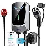 QIAO Chargeur EV Wallbox Type 2 11 KW, Station de Charge pour Voiture électrique Domestique 7 M avec Support de câble LCD 4,3, contrôle par Application triphasé 8-16 A, Prise CEE 16 A vers Type 2