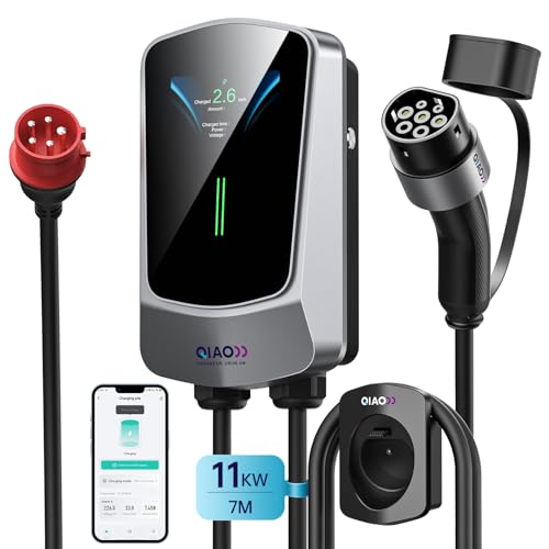 QIAO 11kW EV Charger Type 2, Smart App 3-Phase 8-16A, Wall Mount Electric Vehicle Charging Station with 4.3 LCD Display, IEC 62196-2 Home EV Wall Charger Type 2 to CEE 16A Plug with Cable Holder