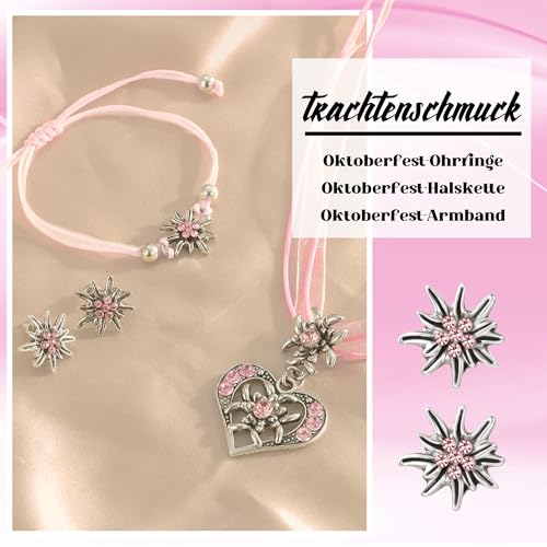 TOWLEING 4 Stück Trachtenschmuck Damen Edelweiß Trachtenkette Armband Ohrstecker Dirndl Schmuck Elegantes Dirndl Schmuck Damen für Dirndl oder Lederhose Hochwertiges Trachtenschmuck Set