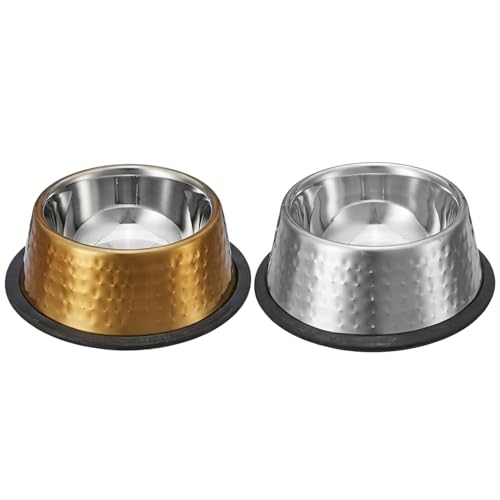 Image of Amazon Basics Stainless Steel Pet Feeding Bowls for Dog & Cats | Set of 2 | Anti Slip Base | Hammered - Copper & SS Shiny 345 ml Each
