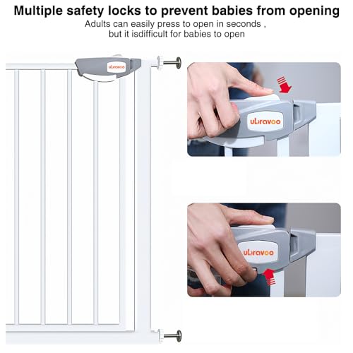 UBRAVOO Babygitter für Türen und Treppen, Höhe 100 cm, Sicherheits-Haustiergitter, Spannungstyp,automatische Schließung, hohe Ausführung, dreifache Verriegelung, offen (Breite:76-84cm) Weiß