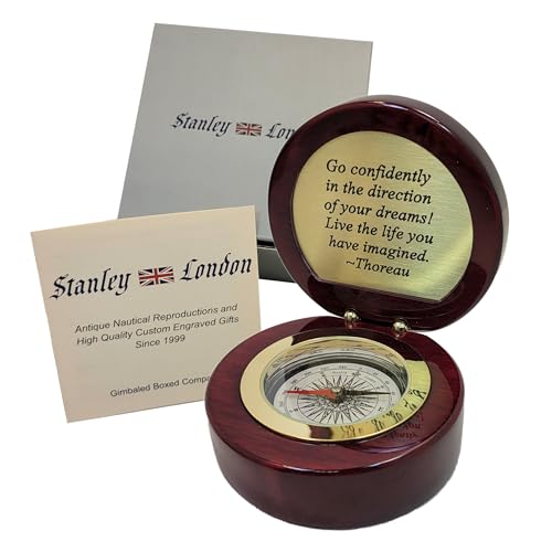 Brújula de escritorio ejecutiva grabable Stanley London con acabado de piano y bisel de latón dorado, compás de navegación de 3.13 pulgadas, regalo corporativo personalizado