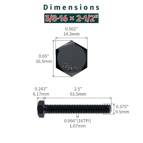 Image of 3 /8-16 x 2-1 /2 inch Hex Bolts with Nuts and Washers (8 Sets), 18-8 (304) Stainless Steel, External Hex Drive, Black Oxide Coated Hexagon Head Bolts Screws, Fayeploo