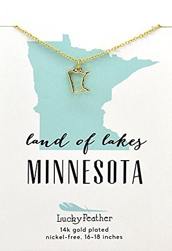 Lucky Feather Minnesota Shaped State Necklace, 14K Gold-Dipped Pendant on Adjustable 16”-18” Chain