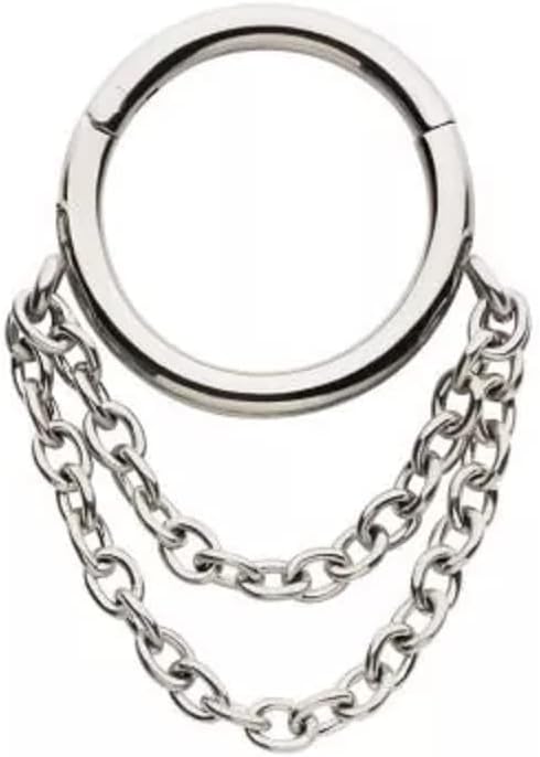 Pierced Owl 16GA 316L Stainless Steel Hoop with Double Dangling Chains Hinged Segment Ring