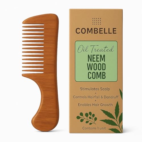 Image of COMBELLE Premium Neem Wood Comb - Eco-Friendly, Oil-Treated Anti-Hairfall & Frizz Control Comb for Men, Women, & Kids - Natural Wooden Comb for Healthy Hair, Dandruff Control, and Scalp Massage (NEEM COMB-5)