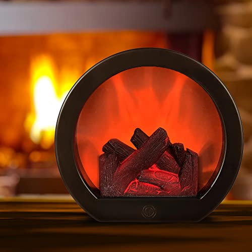 Image of Small Cozy Fireplace Lantern Traditional Realistic Log Wood Burning Flame Effect Ligh LED Charcoal Style Table LampFor Indoor & Outdoor Use(7.8''X7,2''X3.7'')
