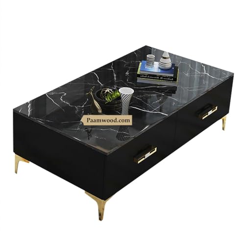 Image of Furo Premium Marble-Top Wooden Center Table for Living Room | PVD Coating Iron Legs| Modern Entryway Furniture | Coffee Table - 42x24x17 Inch (Black)