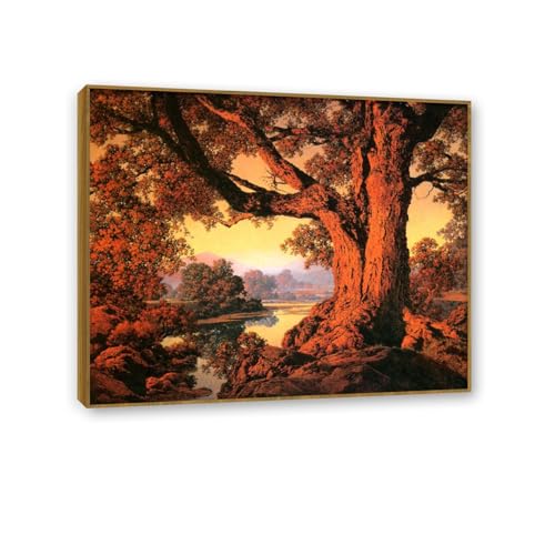 Impression Giclée sur Toile Maxfield Parrish Bord de rivière automne Cadre en teck 35x30cm
