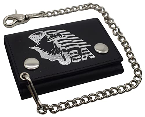 MARSHAL RFID Blocking Men's Tri-fold Biker Cowhide Genuine Leather Steel Chain Eagle USA Wallet Snap closure (Eagle USA)