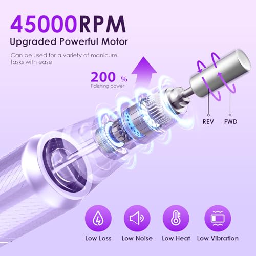 Image of Professional Electric Nail Drill 45000RPM Cordless Nail File | Portable & Rechargeable, 11 Drill Bits, for Shaping, Polishing & Removing Gel Nails for Salon Home (Purple)