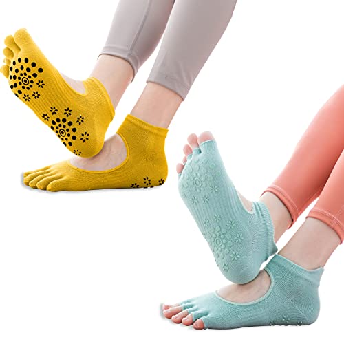 OrrinSports Lot de 2 paires de chaussettes de yoga antidérapantes pour femme, Five Toe - Jaune/Vert, taille unique Cover