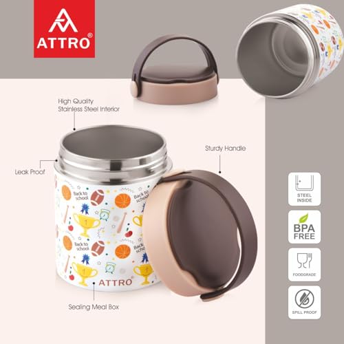 Image of ATTRO Happy Go Vacuum Insulated ISI Certified Stainless Steel Soup Jar 500ml, Leakproof & BPA Free for Kids & Adults, Long Temperature Retention,Ideal for School, Office & Travel - Sports Trophy Brown
