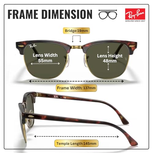 Image of Ray-Ban RB3016F CLUBMASTER CLASSIC LOW BRIDGE FIT Square Shape Sunglasses for Men & Women with Official RayBan Eyewear Kit