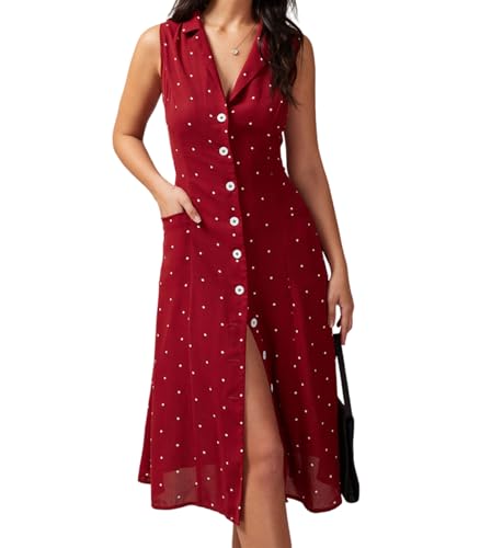 RIHOAS Women Red V Neck Polka Dot Sleeveless Dress Dot