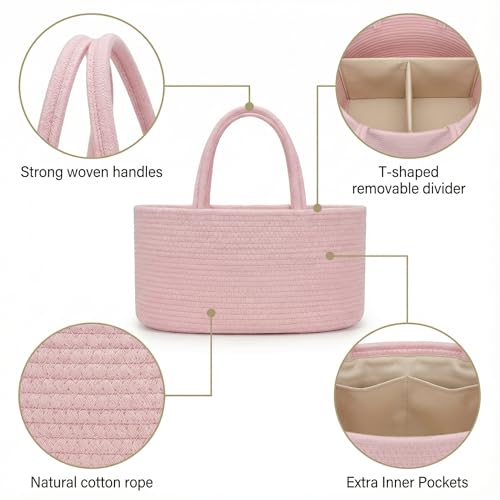 Image of luxury little Diaper Caddy Organizer, Large Cotton Rope Nursery Baby Basket, Changing Table Organizer for Baby Diaper Storage, Portable Car Organizer Removable Divider (Light Pink, Extra Large)