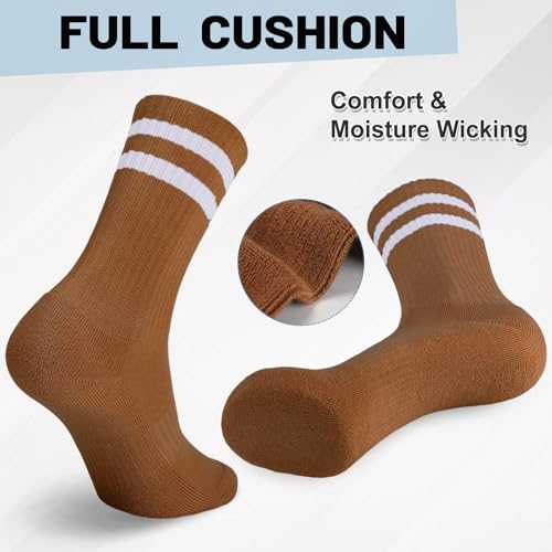 Image of Ultrafun 5 Pairs Striped Crew Socks Cotton Cushioned Athletic Sports Running Socks for Men Women Teens