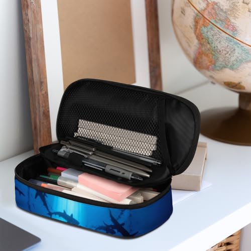 Image of Ocean Animal Sharks Pencil Case Pen Holder Large Capacity Black Stationery Organizer Pencil Bag with Zipper for Boys Girls Sea Sharks Kids Pencil Pouch Storage Box for School College Office