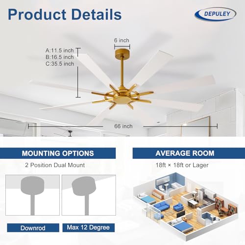 Image of Depuley Ceiling Fan Without Light: 66 Inch Big Indoor Outdoor Fan with Remote APP Control - Brass White Large Ceiling Fan no Light 8 Blade Reversible Quiet DC Motor Memory Function Timer