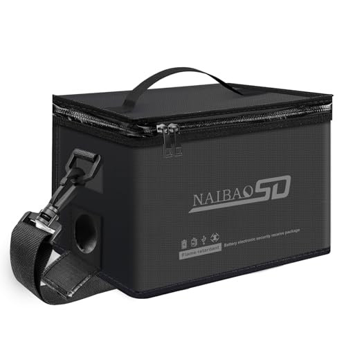 NAIBAOSD Fireproof Explosionproof Lipo Battery Bag for Lipo Battery Storage and Charging, Large Capacity Fire Resistant Detachable Shoulder Strap with Double Metal Zipper (11 x 8 x 6.5 in)