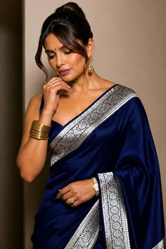 Image of Women's Glory Womens Satin Saree with Silver Woven Border | Elegant Plain Glossy Silk Saree for Party, Wedding, Reception & Festive Style with Unstitched Blouse Piece