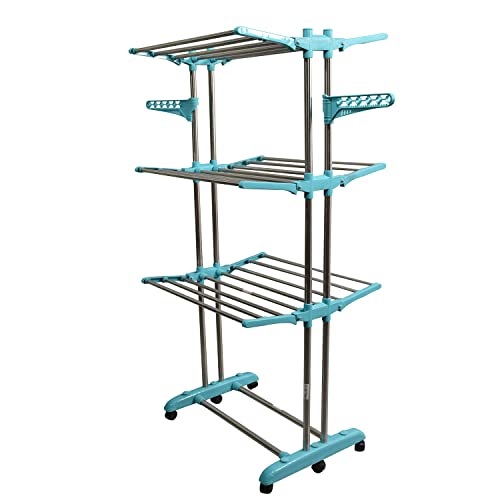 Image of CIPLA PLAST Stainless Steel Heavy Duty Double Pole 3 Layer Foldable & Movable Prince Jumbo Cloth Drying Stand for Balcony and Floor BRC-786 SS (Green)