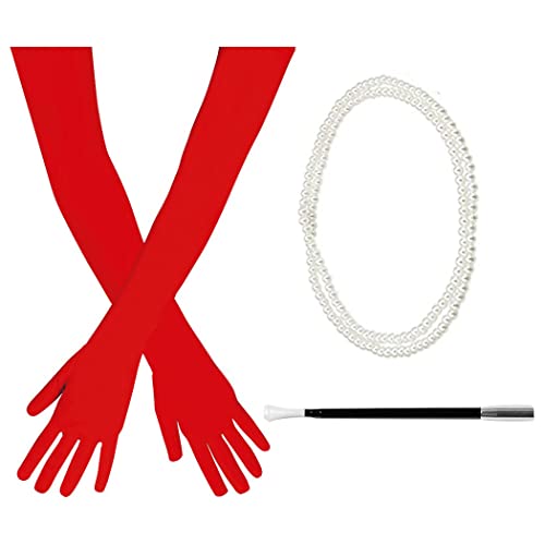 TANTAKO® Lange rote Handschuhe Kostüm Kostüm Set Kunststoffhalter Perlenperlen 1920er Jahre Zubehör (Rot) Cover