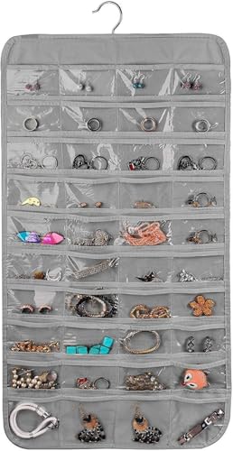 Image of Earring Organizer for Women | Hanging Jewellery Organiser with 48 Double-Sided Transparent Pockets | Earrings Holder, Necklace, Bangle Organizer | Jewelry Storage Organizer for Wardrobe Closet (Grey)