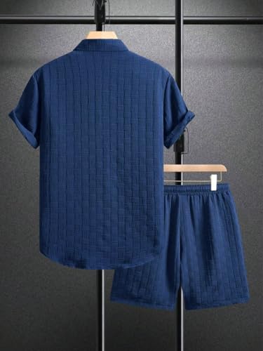APAELEA Ensemble Été Homme 2 Pièces Chemise Manches Courtes Boutonnée et Short Survêtement Tenue de Plage Casual Tracksuit avec Poches pour Travail Vacances Bleu marine 3XL – vue 3