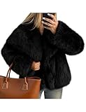 Kissonic Women Faux Fur Coat Long Sleeve Lapel Open Front Shaggy Furry Jacket Warm Fluffy Short Outwear, Black, Medium