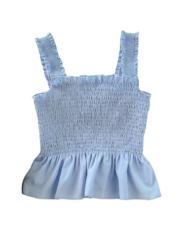 WDIRARA Girl's Smocked Ruffle Hem Tank Top Square Neck Flared Sleeveless Top Light Blue 8Y