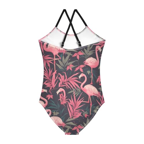 KLL Pink Flamingos on Black Background Girls 1 Piece Swim Suit Summer Swimming Suits with Adjustable Straps Cute2