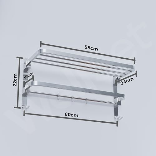 Image of Well Set Stainless Steel Foldable Towel Rack for Bathroom | Dual Layer Wall Mounted Shelf with Towel Bar & 5 Hooks | Heavy-Duty Rust-Free Towel Holder Stand (Mirror Finish, Silver)