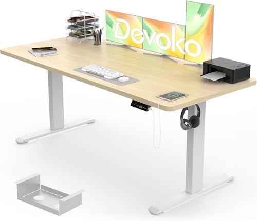 Devoko Electric Standing Desk 160x80cm, 18mm Thick Tabletop, Sit-Stand Height Adjustable with Sedentary Reminder, USB Charging Port, 3 Memory Smart Panel, Heavy-Duty Steel Frame (Beige) option