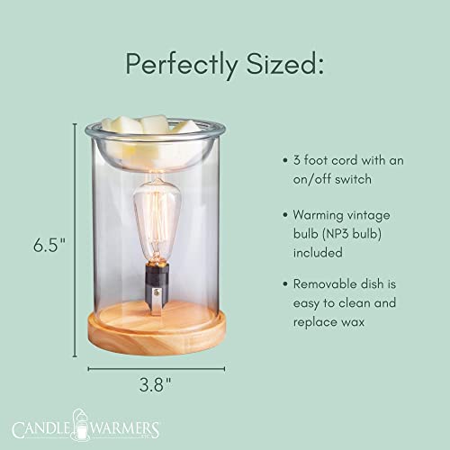 Candle Warmers Etc. Vintage Bulb Illumination Fragrance Warmer- Light-Up Warmer for Warming Scented Candle Wax Melts and Tarts to Freshen Room, Light Wood and Clear Glass