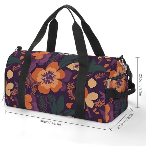 Gym Bag for Men Women Travel Duffle Bag Flowers on Purple Background Carry On Weekender Bag with Shoe Compartment2