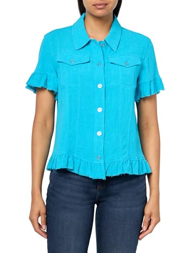 SLIM-SATION Women's Petite Short Sleeve 2 Pockets Ruffle Hem Jean Jacket