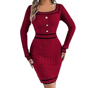 Generisch Robe en tricot épais à rayures pour femme en automne et en hiver avec manches longues pour enfant, rouge, M