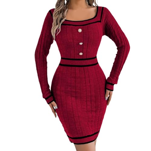 Generisch Vestido de punto para mujer, manga larga, color bloque, vestido corto, elegante, vestido midi con botones, vestido de invierno con escote cuadrado, moderno, bodycon vestido de otoño, vestido